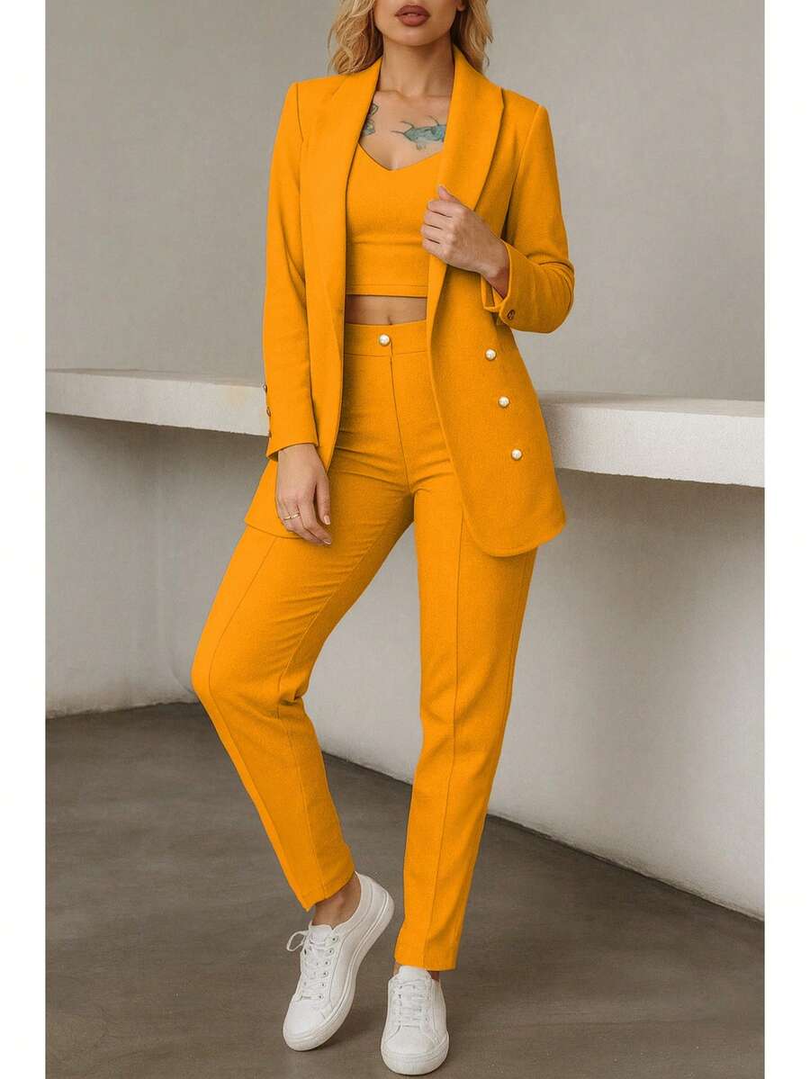 Conjunto elegante de blazer y pantalón de manga larga con cuello chal y doble botonadura para mujer, tejido elástico medio.