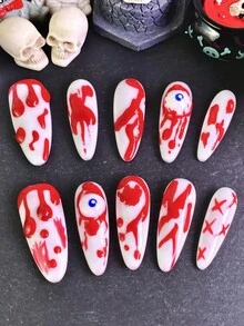 10 Stück Damen Aufklebe-Nägel, Weihnachts-Nägel mit Mandelform, mit Nagelleim, handgefertigt mit 3D-Augen-Design, bunten Glitzer-Strass-Steinen, geometrischen Mustern, Vollabdeckung, glänzend, wiederverwendbare Kunstnägel, Maniküre-Set für Weihnachtsparty, Geburtstag, Halloween Geschenk-Kollektion