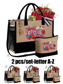 1 Set, Teacher Pattern Handbag With Shoulder Strap And Cosmetic Bag, Teacher'S Day Gift, Personalized Gift Bag With Side Pockets, Beach Bag, Teacher Letter Print Travel Simple Storage Bag, Travel Cosmetic Bag- Four Styles To Choose From (Zipper Random)