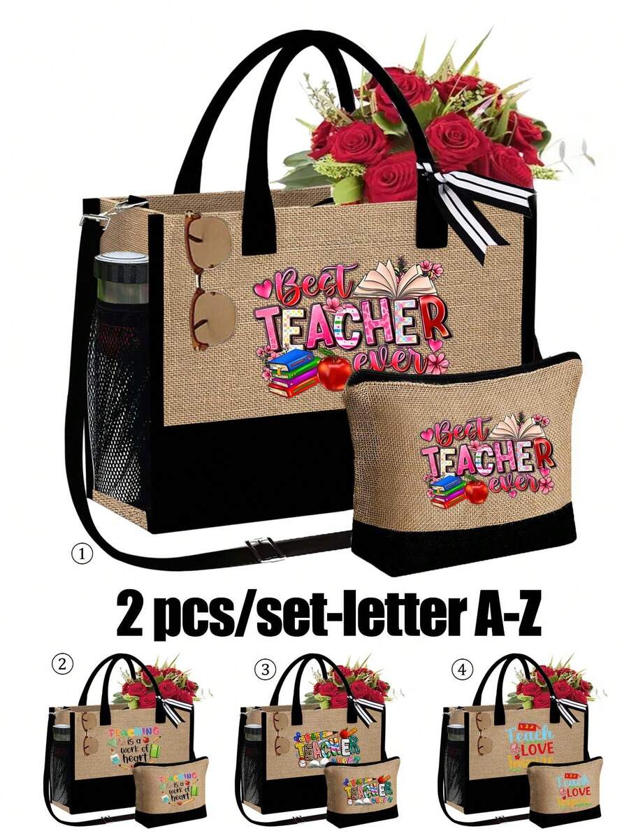 1 Set, Teacher Pattern Handbag With Shoulder Strap And Cosmetic Bag, Teacher'S Day Gift, Personalized Gift Bag With Side Pockets, Beach Bag, Teacher Letter Print Travel Simple Storage Bag, Travel Cosmetic Bag- Four Styles To Choose From (Zipper Random)