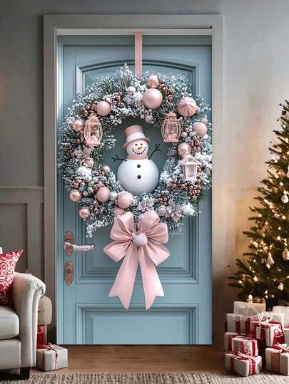 1 peça de guirlanda contemporânea de boneco de neve com laço - decoração de Natal para pendurar em poliéster, ajuste universal, sem necessidade de eletricidade, sem penas, para festas de fim de ano internas e externas - 35,4 x 70,8 polegadas