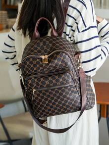女士复古背包，新款时尚百搭 PU 格子学生单肩包旅行包 - 棕色 - 查看 5