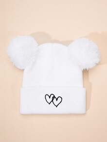 3pcs/1pc Embroidered Double Pom Pom Heart Knit Beanie, Ski Warm Baby Boys Girls Unisex Hats, Y2K Style Outdoor Cold-Proof Knit Cap, Casual Versatile Winter Warm Beanies, Suitable For Costume Kids