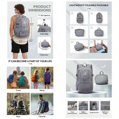 Foldable Lightweight Hiking Backpack: 25L Ultralight Packable Rucksack Outdoor Daypack Women Men Travel Sports Walking Camping