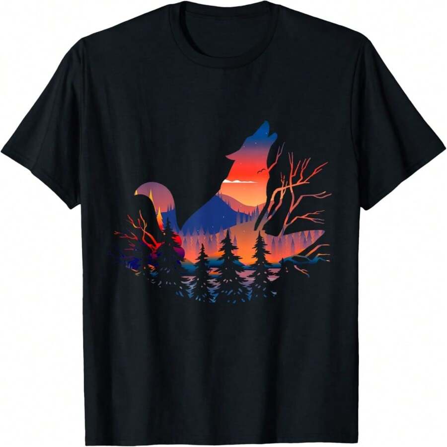 Wild Animal Howling Predator Gift Forest Sunset Wolf T-Shirt - Black 25 - View 1