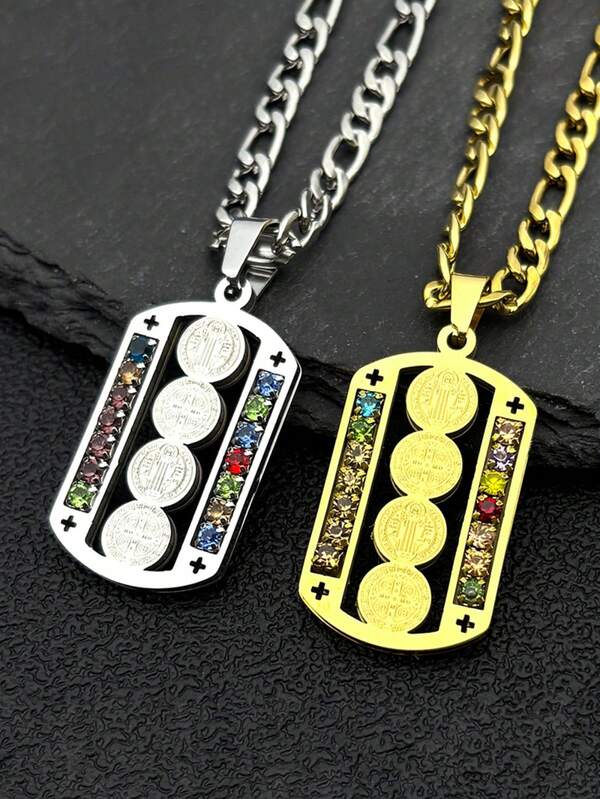 Pendentif en acier inoxydable de style catholique avec médaille de Saint-Benoît incrustée de diamants colorés, assorti à une chaîne cubaine en argent et or, bijou de mode de style religieux pour hommes et femmes