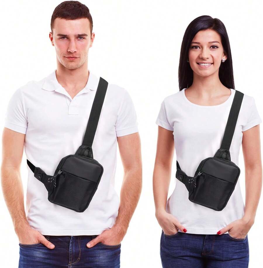 Nuevo Sling Bolsa Pecho Riñonera Bolsa Doble Bolsillo Resistente al Agua para Hombres Mujeres Deportes al Aire Correr Viajes, Negro - 1 - Ver 1