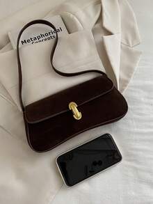 Túi đeo vai, túi xách tay, túi baguette khóa gập dành cho nữ, làm từ da hươu lộn. - Cà phê - Xem 7