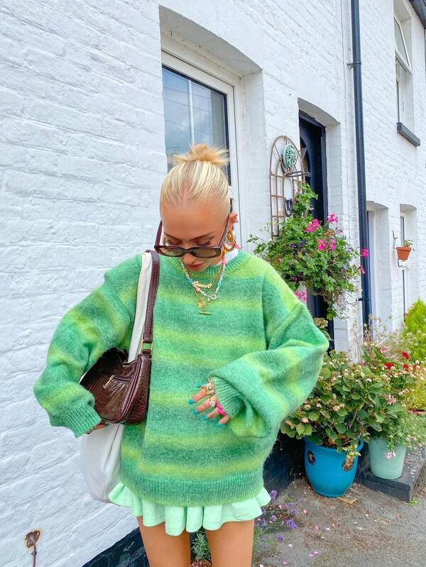 كنزة صوفية كاجوال فضفاضة بياقة مستديرة وأكمام طويلة منسدلة، مخطط، للخريف/الشتاء