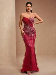 Elisanya AMILUCK New Luxury High-End Sequin & Beaded Lace Patchwork Bust Boned Mesh Ruffle Decor Sweetheart Mermaid Tail Dress - Burgundy - View 3