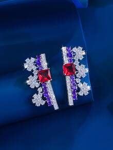 1 Pair Symmetrical Purple And Rose Red Cubic Zirconia Luxury Gorgeous Dangle Drop Long Pageant Earrings For Women Festival Jewelry