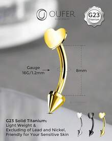 Solid Titanium Eyebrow Rings And Heart Labret Jewelry, 16G - 金心 - 查看 4