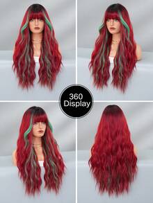 7JHH WIGS Long Wave Red & Green Christmas Wigs For Women - Loose Fluffy Wavy Curly Wig With Bangs Dark Roots, Full Machine High Density Synthetic Heat Resistant Fiber Hair, Colored Costume Wigs For Halloween Cosplay Masquerade Ball & Music Festival Carnival Party Use 26 Inch - 漸層紅色 - 查看 6