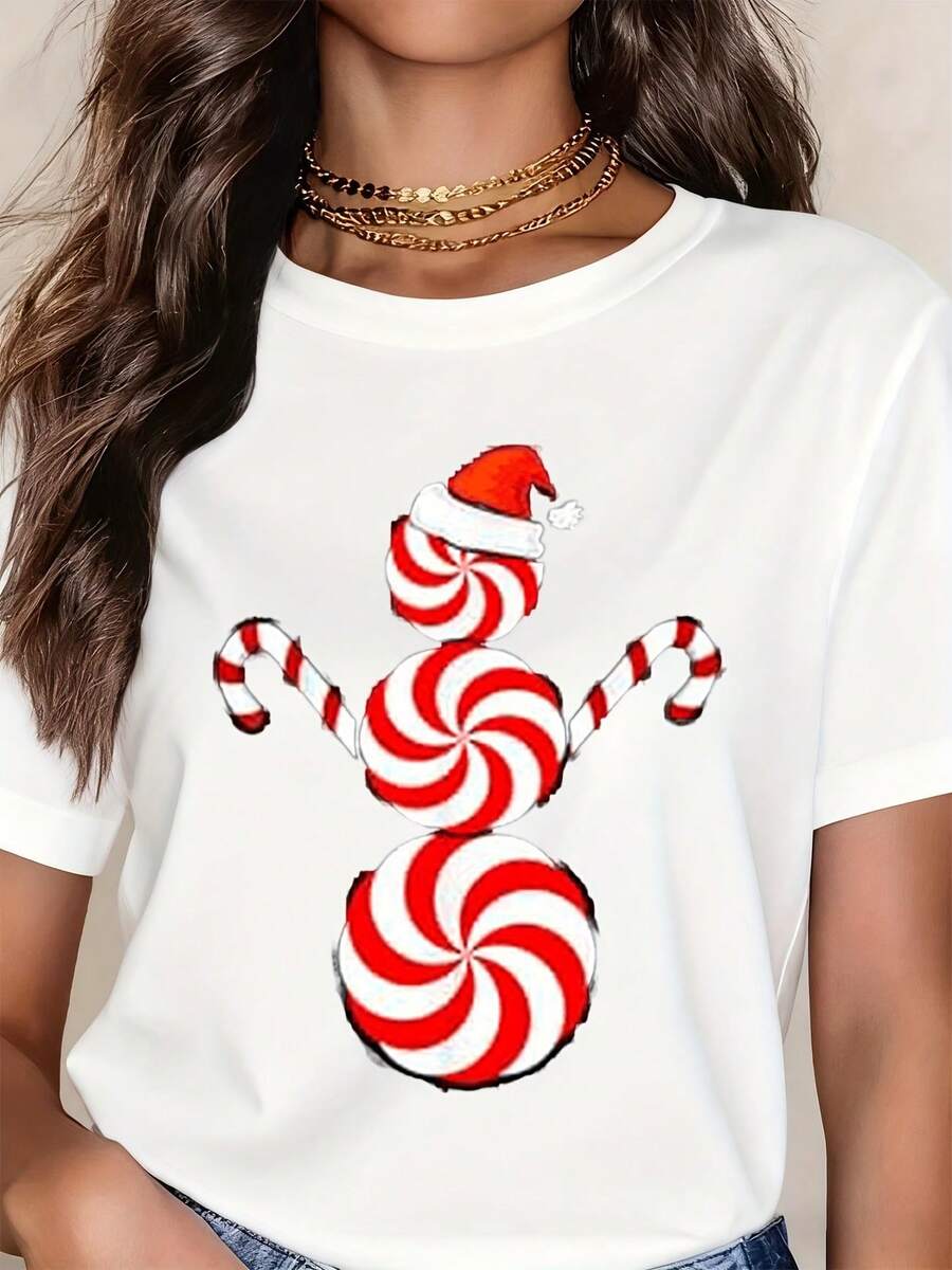Candy Cane Snowman Christmas Design Women's T-Shirt,Christmas Theme Shirts, Perfect For Outdoor Activities And Casual Attire - trắng - Xem 1