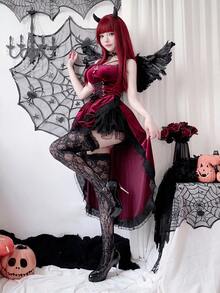 Dark Gothic Halloween Costume Women's Dress Swallowtail Witch Vampire Bride Performance Costume - Red - View 5
