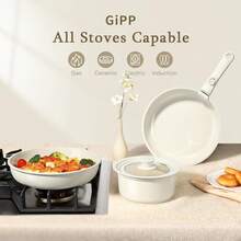 GiPP Pot Set With Removable Handle, 8/15/21-Piece Pan Set With Ceramic Non-Stick Coating,Detachable Handle, With Frying Pans, Saucepans Induction Cooking Pot Set, For All Types Of Cookers - White - View 2