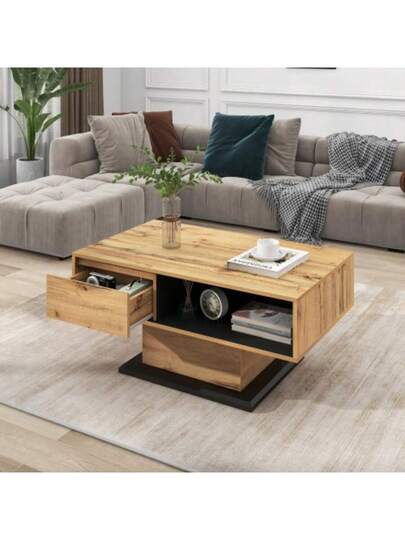 Grained Wood Coffee Tafel le Free Drawer, Storage Compartment, Rear Providing Double Sided Space. Desk, Living Room Table, Large