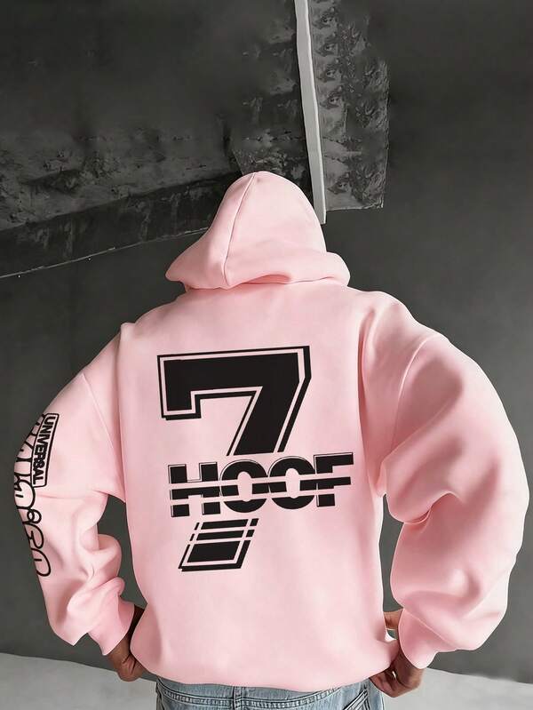 هودي رجالي مطبوع عليه نص إنجليزي وأرقام، مبطن حراريًا، بطراز ملابس الشارع، للخريف/الشتاء