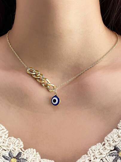 1pc Fashionable Round Oil Drop Devil's Eye Pendant Necklace