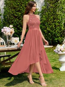 MIUSOL Vestido longo de festa de noite com decote halter, renda floral com lantejoulas e bainha assimétrica plissada, vestido assimétrico para mulher, vestido de gala formal, vestido de baile, vestido de casamento - Rosa Empoeirado - Ver 7