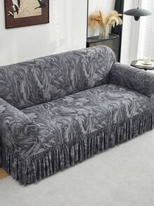 1pc Ruffled Stretch Sofa Cover, Soft & Comfortable, Fashionable Printed Stretch Furniture Protector, Available In Multiple Sizes, Dark Gray - Dark Grey - View 8