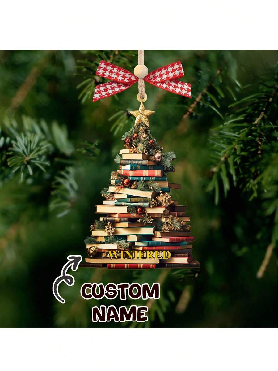 Personalized Christmas Book Tree Name Ornament, Bookworm Gifts, Book Ornament, 2025 Christmas Ornaments-Flat Printed Acrylic Ornament. - F-book Christmas Tree Ornament - View 1