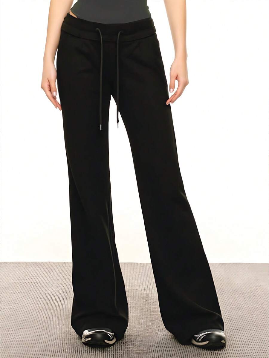 Women's High Waist Yoga Pants, Soft & Stretchy Flare Leg Workout Leggings For Outdoor Sports, Gym, Running, Dance, With Drawstring Waist Adjustment - Black - View 1