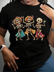 Women's Mexican Folk Art Dancing Skull And Calaveras Print T-Shirt - Vibrant Catrina Design, Crew Neck, Short Sleeve Top, Machine Washable For All Seasons, Perfect For Casual Wear And Day Of The Dead Parties.