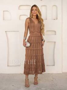 Women's Midi Dress Knit Summer Crochet Ruffles Party Beach Elegant - 摩卡棕 - 查看 8