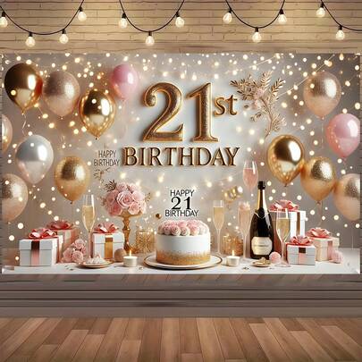 1pc 21st Birthday Party Banner, Gold & Pink Glitter Balloons, Champagne, Cake & Gift Box Design, Suitable For 21st Birthday Celebration, Birthday Party Decor, Celebration Background, Festival Atmosphere, Cake Table Decor, Photo Backdrop And Birthday Party Supplies.