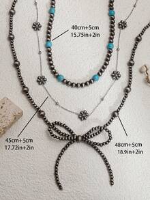 Set de 3 collares con lazo, flor, perla negra falsa y cuentas de turquesa para mujer. Estilo vaquero occidental con cadena de cuentas plateadas de material CCB, hechos a mano, regalo de cumpleaños, regalo de amistad, regalo de joyería