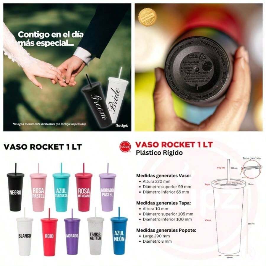 Vasos de Plastico Reusable kit de 5 Vaso con Popote y Tapa con Plstico Rgido Vaso de 1 litro Vaso tipo Termo Reusable/Plastic Cup 5, ROSA PASTEL - BL + 5 - Ver 1