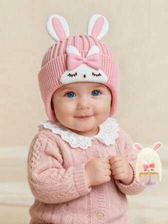 1 pieza Gorro de invierno para niños con orejas de conejo y ojos cerrados, gorro de punto de doble capa, lindo y de moda, suave y amigable con la piel, adecuado para exteriores, caminar, jugar, esquiar, patinar sobre hielo, regalo de Navidad y Halloween