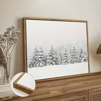 1 pieza Pintura al óleo de paisaje enmarcada - Escena de bosque nevado de Navidad vintage. Arte de pared para sala de estar, dormitorio, oficina en casa - Decoración de invierno, lista para colgar, ideal para decoración de casa de campo y sala de estudio, regalo perfecto para Navidad y Año Nuevo