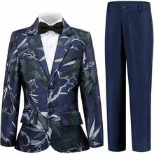 Teen Boy Jacquard Tuxedo 3 Piece Suit Set - Bow Tie Included For Wedding Prom - 藍葉 - 查看 1