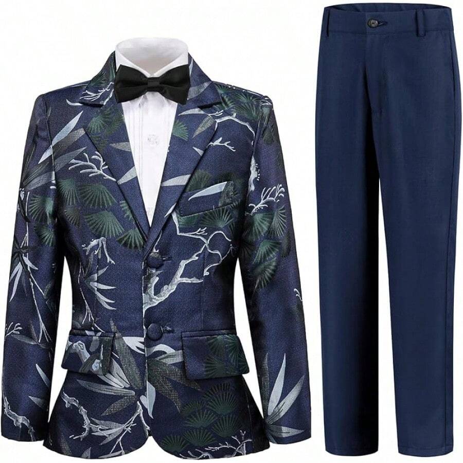 Teen Boy Jacquard Tuxedo 3 Piece Suit Set - Bow Tie Included For Wedding Prom - 藍葉 - 查看 1