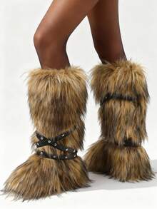 2025 Winter Knee High Boots Pull-On Faux Fur Boots Furry Fluffy Round Toe Strap Boots For Women Suede Comfy Plush Warm Outdoor Indoor Flat Shoes Punk Party Dressy Women EdgyElongate Winter Autumn Fall Christmas Boots - 棕色 - 查看 3