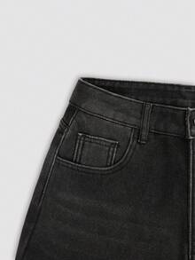 街头风直筒斜插口袋加厚牛仔保暖低腰牛仔裤，秋冬保暖裤，Y2K音乐节必备 - 煙黑色 - 查看 10