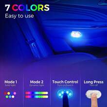 PAKRYS 2pcs LED Car Interior Lights With Touch Sensor - Strong Adhesive/Magnetic Mount, Multiple Colors (White, Blue, Green, Purple), Portable Reading Ceiling Lamp - one-size - View 4