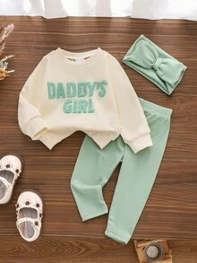 2 件女婴休闲简约“DADDY'S GIRL”字母刺绣运动衫和紧身裤套装，春秋 - 綠色 - 查看 2