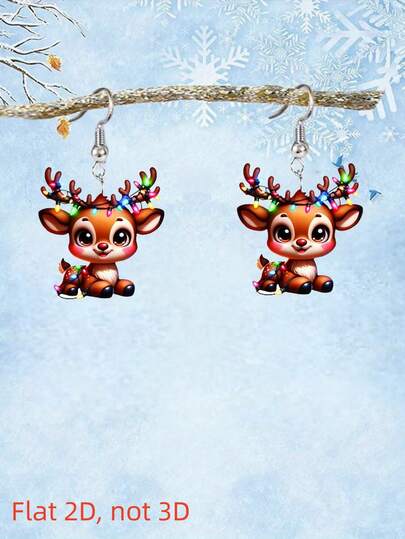 2pcs Cute Christmas Deer Earrings, Flat Acrylic Double-Sided Printed, Cartoon Style Design, Suitable For Christmas And Thanksgiving Gifts, Casual Wear And Holiday Occasions, Ideal Gift For Friends, Suitable For Christmas And Daily Wear, Ideal Choice For Gifts