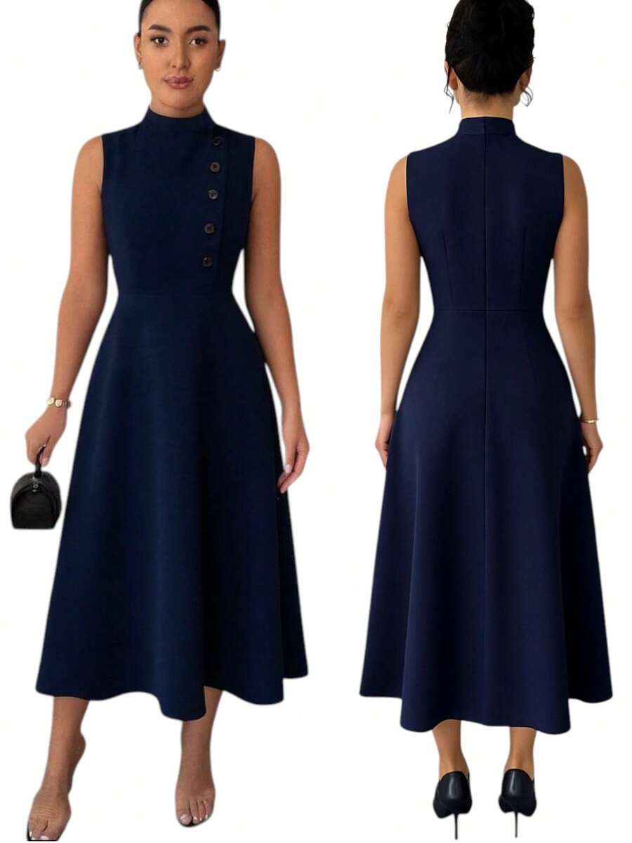 Women's Elegant Evangelical Sleeveless Midi Dress, High Neck With Side Buttons, Chic Tailoring, Casual And Party Wedding Dress - Màu xanh hải quân - Xem 1
