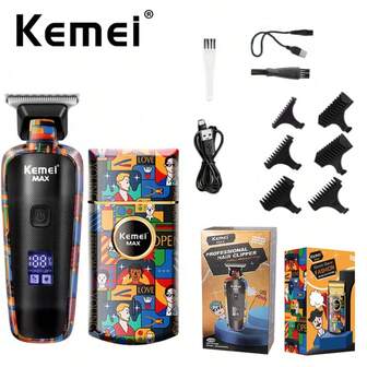 Kemei 科美专业理发器和剃须刀组合套装（2 件），涂鸦风格 - KM-MAX5090 零间隙修剪器和 KM-KMRS7098 电动剃须刀 | 可充电无线，LCD 电量显示，可调节控制杆，T 型刀片 | 适用于精准渐变、理发、剃须、身体修饰和排队 | 家庭理发和沙龙专业用途