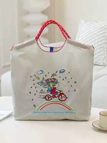 1件時尚刺繡單車女孩托特包，卡通圖案，輕量尼龍，大容量，可折疊抽繩開口購物袋 - 彩色 - 查看 14
