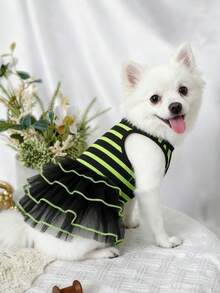 1件宠物服装，猫/狗衣服，荧光绿和粉色条纹弹力蓬蓬裙，婚纱 - 彩色 - 查看 6