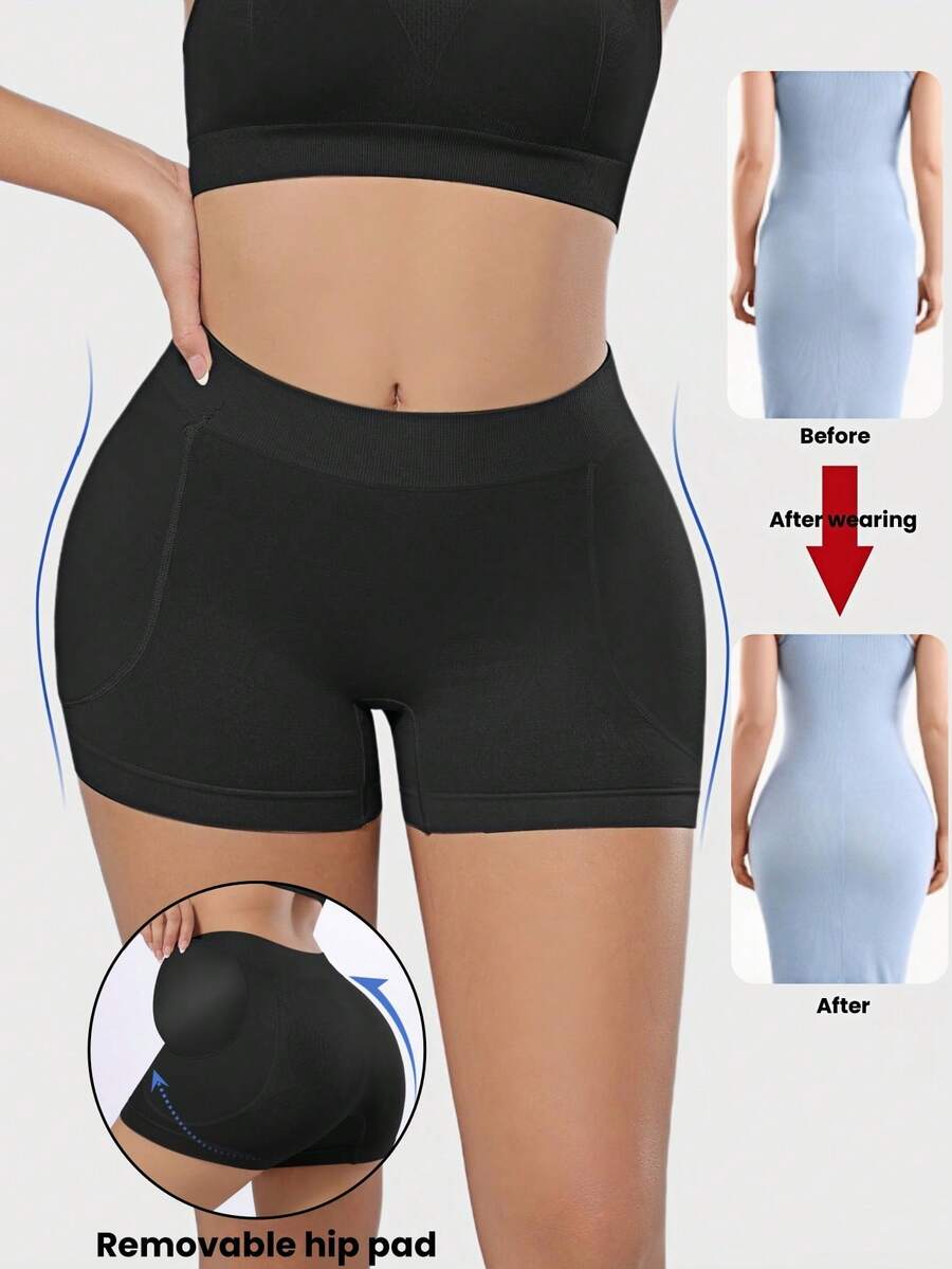 1pc Apricot Women's Seamless Comfortable Soft Shaping Hipster Panties With Removable Butt Pads, Adjustable For Curve Shaping - Black - View 1