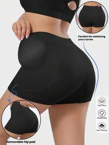 1pc Apricot Women's Seamless Comfortable Soft Shaping Hipster Panties With Removable Butt Pads, Adjustable For Curve Shaping - Black - View 3