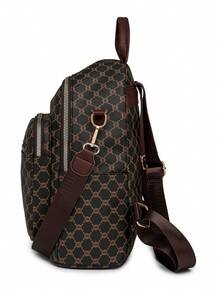 女士复古背包，新款时尚百搭 PU 格子学生单肩包旅行包 - 棕色 - 查看 8