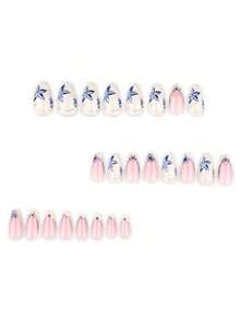 24pcs Long Pointed French Manicure Nail Stickers, Red French Tip Design With 3D Bow, Red 3D Line Art, Elegant Glossy, Full Coverage, Suitable For Women And Girls Fake Nails - Màu xanh lam - Xem 4
