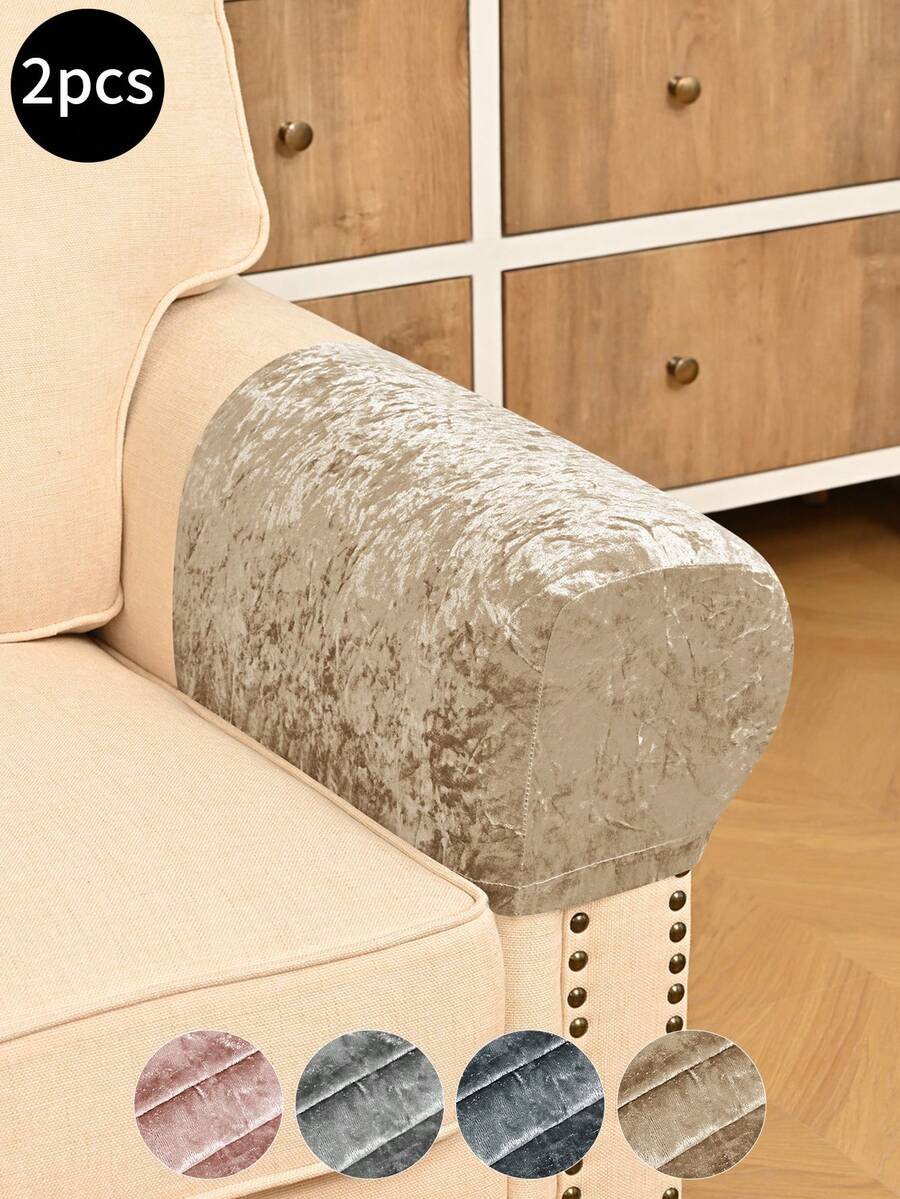 2件香槟色纯色绒布沙发扶手套（含4个夹子），经典简约设计，高弹力防尘沙发扶手保护套，防猫抓，可拆洗，适用于客厅、书房、卧室沙发扶手，浅灰色，深灰色，粉色 - 彩色 - 查看 1